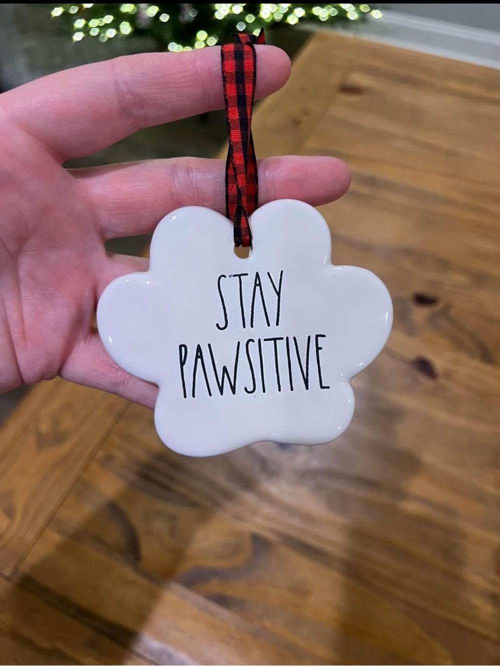 Rae Dunn White 'Stay Pawsitive' Paw-Shaped Ceramic Ornament